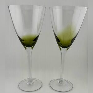 2 Green Wine or Cocktail Glasses Hand Blown 9.5" / 10oz